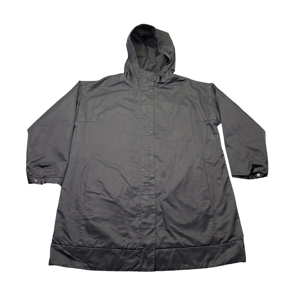Eileen Fisher Black Hooded Fleece Lined Parka Jacket Organic Cotton Nylon L/G